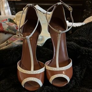 Lauren Ralph Lauren Tan and White T-Strap Heels